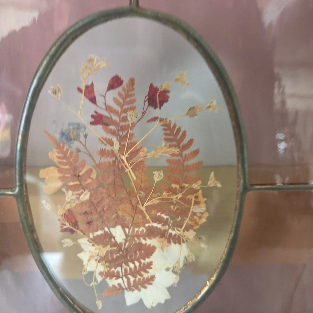 Oak Framed Stained Glass Artwork Dried Flowers Botanical Window Hanging